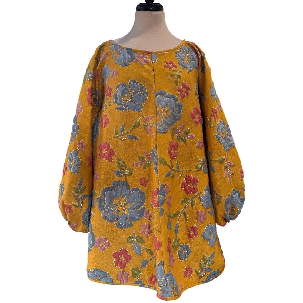 Arianne Elmy Yellow Good Luck Dress Small Floral Metallic Mini Balloon Sleeve